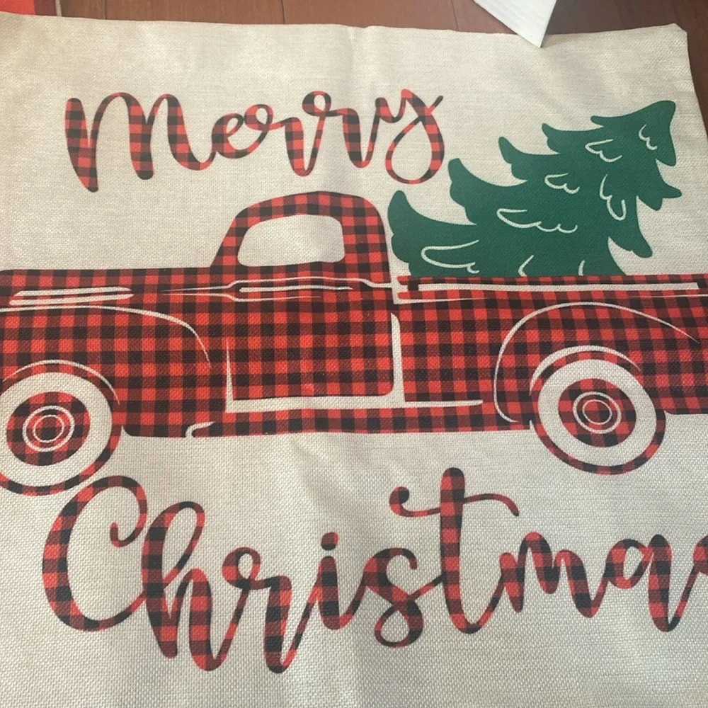 Festive Holiday Pillow Covers shams red/ black plaid pickup truck 19x19”